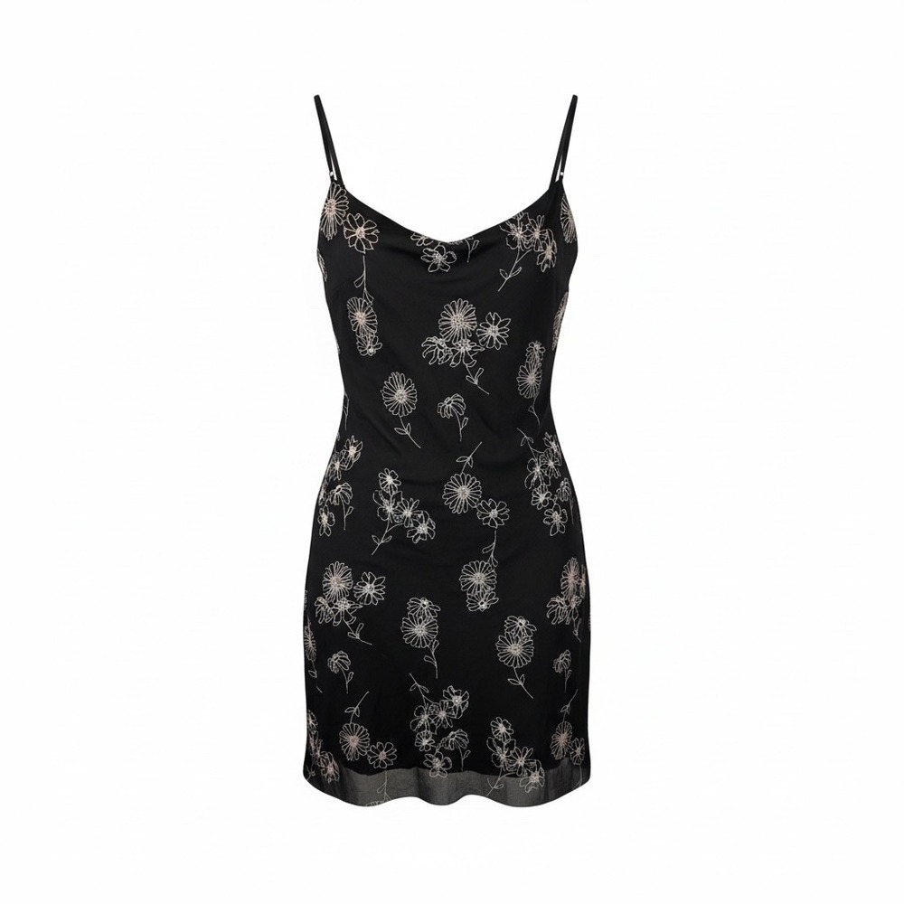 City Triangles Black Mesh Mini Dress Pink Floral Embroidery Cowl Neck Y2K Womens